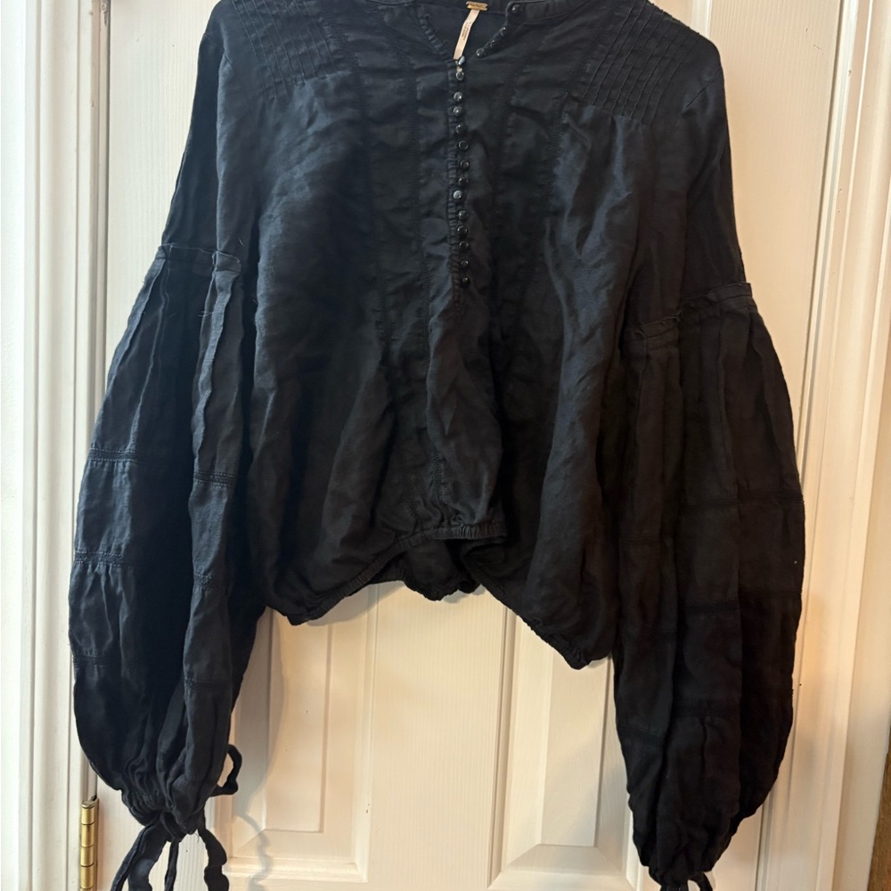 Free People Black Billowy Button-Front Blouse